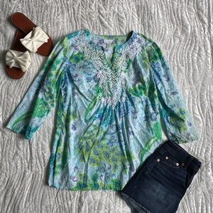 ✨Like New!🔥Charter Club Light Blue & Green Paisley Smocked V-Neck Tunic